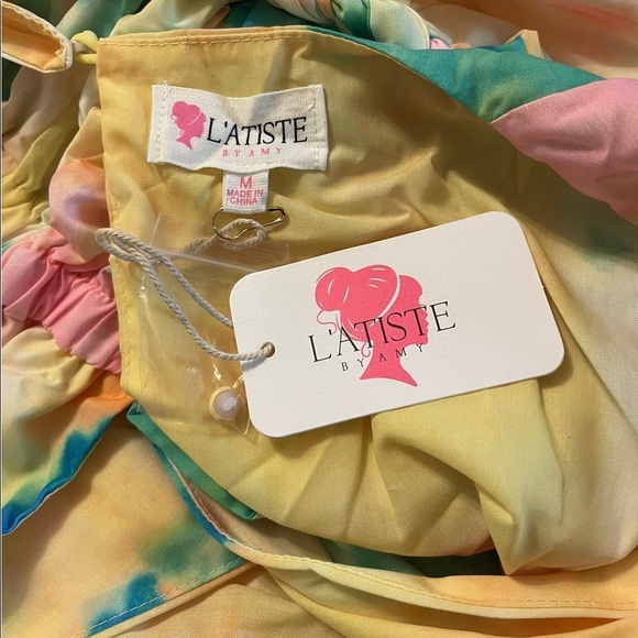 L’Atiste After Glow Tie Dye Rainbow Faux Wrap Belted Flare Skater Mini Dress - Picture 10 of 10